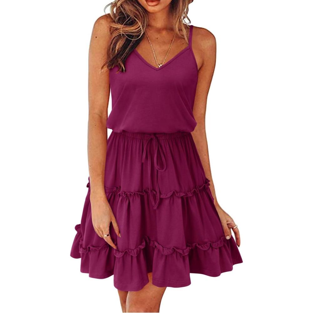 imageNewshows Womens 2025 Summer Dress Spaghetti Strap Casual Boho Beach Vacation Outfits Drawstring Ruffle Hem Sundress TrendyRose Red1