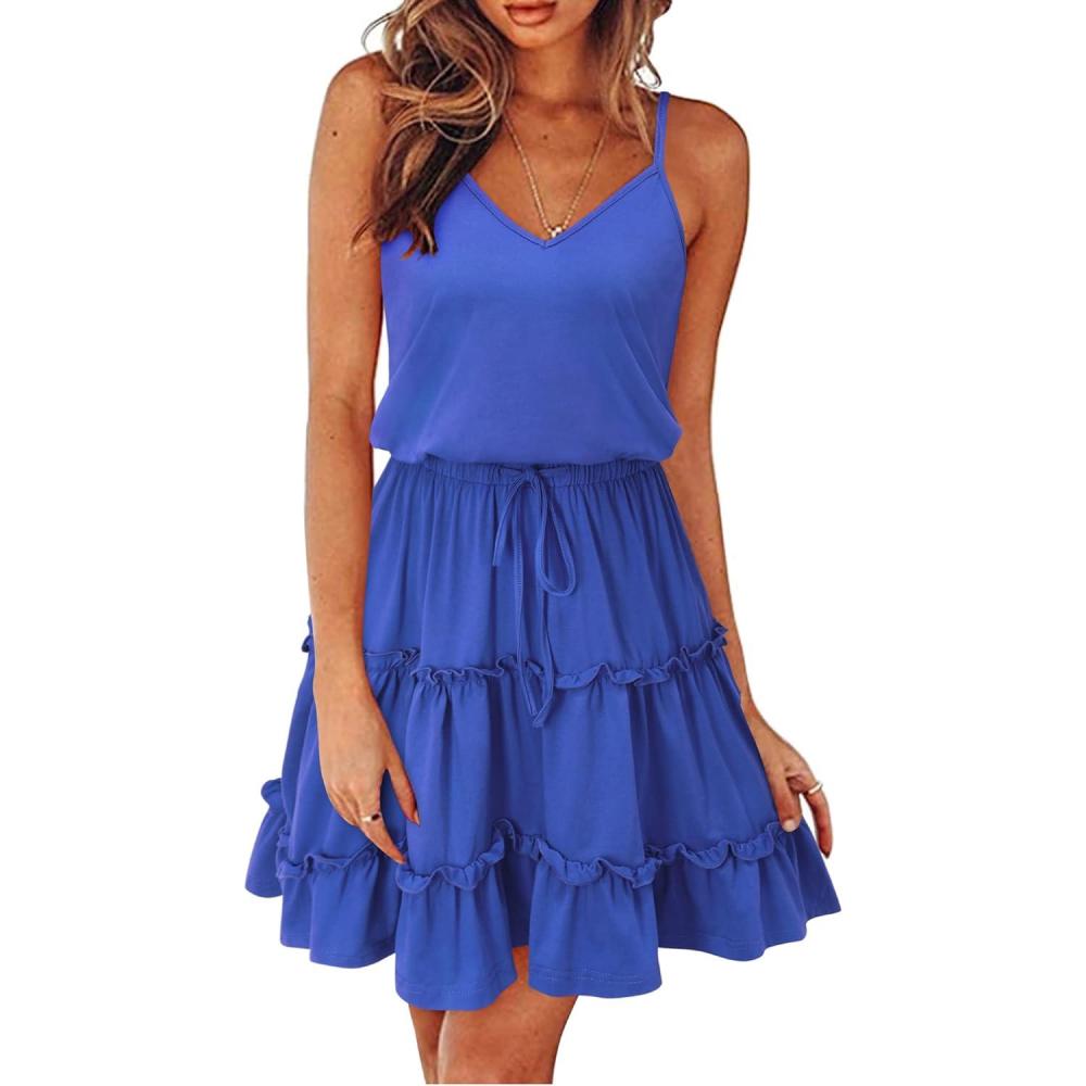imageNewshows Womens 2025 Summer Dress Spaghetti Strap Casual Boho Beach Vacation Outfits Drawstring Ruffle Hem Sundress TrendyRoyal Blue02