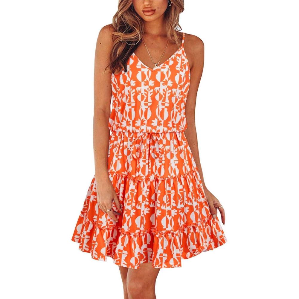 imageNewshows Womens 2025 Summer Dress Spaghetti Strap Casual Boho Beach Vacation Outfits Drawstring Ruffle Hem Sundress TrendyWhite Floral Orange