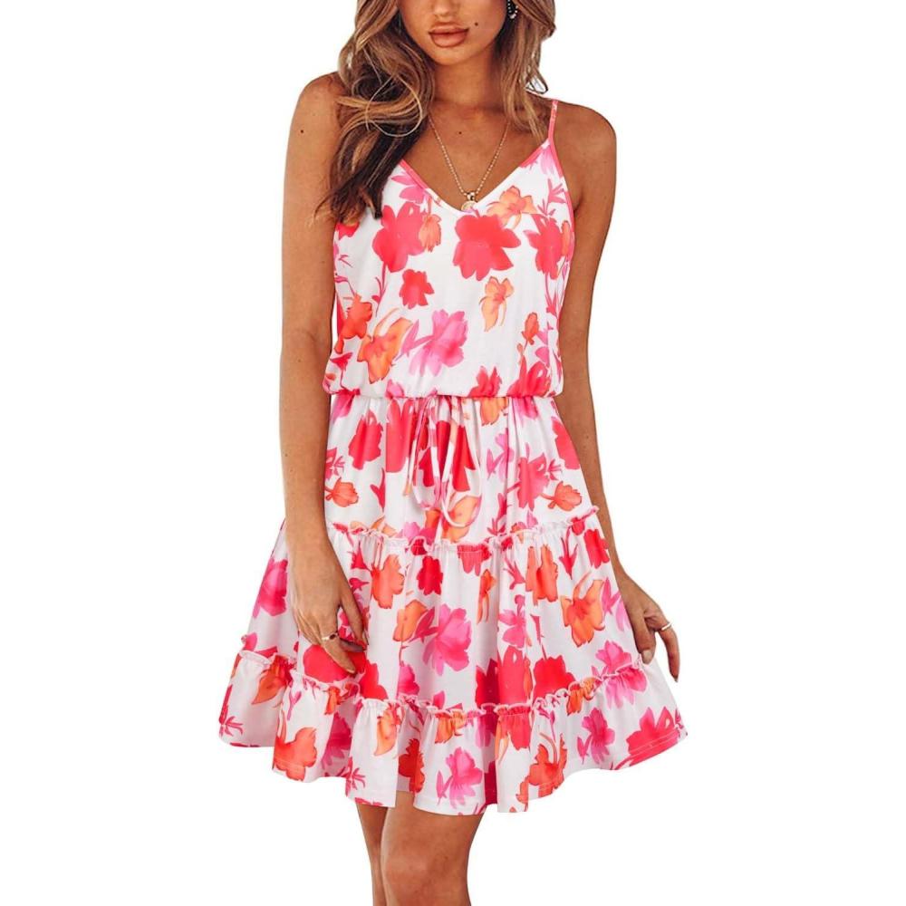 imageNewshows Womens 2025 Summer Dress Spaghetti Strap Casual Boho Beach Vacation Outfits Drawstring Ruffle Hem Sundress TrendyWhite Floral Red