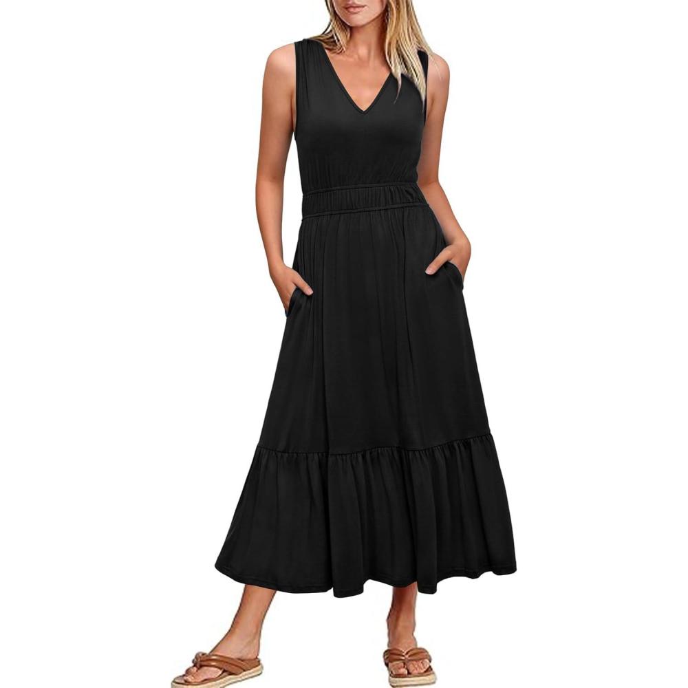 imageNewshows Womens 2025 Summer Dress Vacation V Neck Sleeveless Midi Dress Tiered Tank Swing Sundress with PocketsBlack
