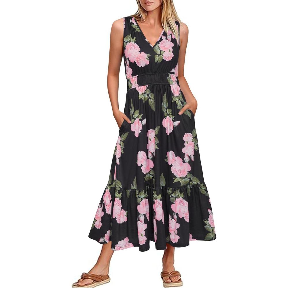 imageNewshows Womens 2025 Summer Dress Vacation V Neck Sleeveless Midi Dress Tiered Tank Swing Sundress with PocketsBlack Floral