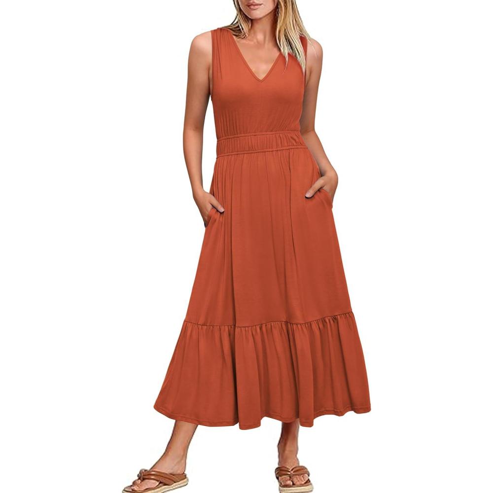imageNewshows Womens 2025 Summer Dress Vacation V Neck Sleeveless Midi Dress Tiered Tank Swing Sundress with PocketsOrange