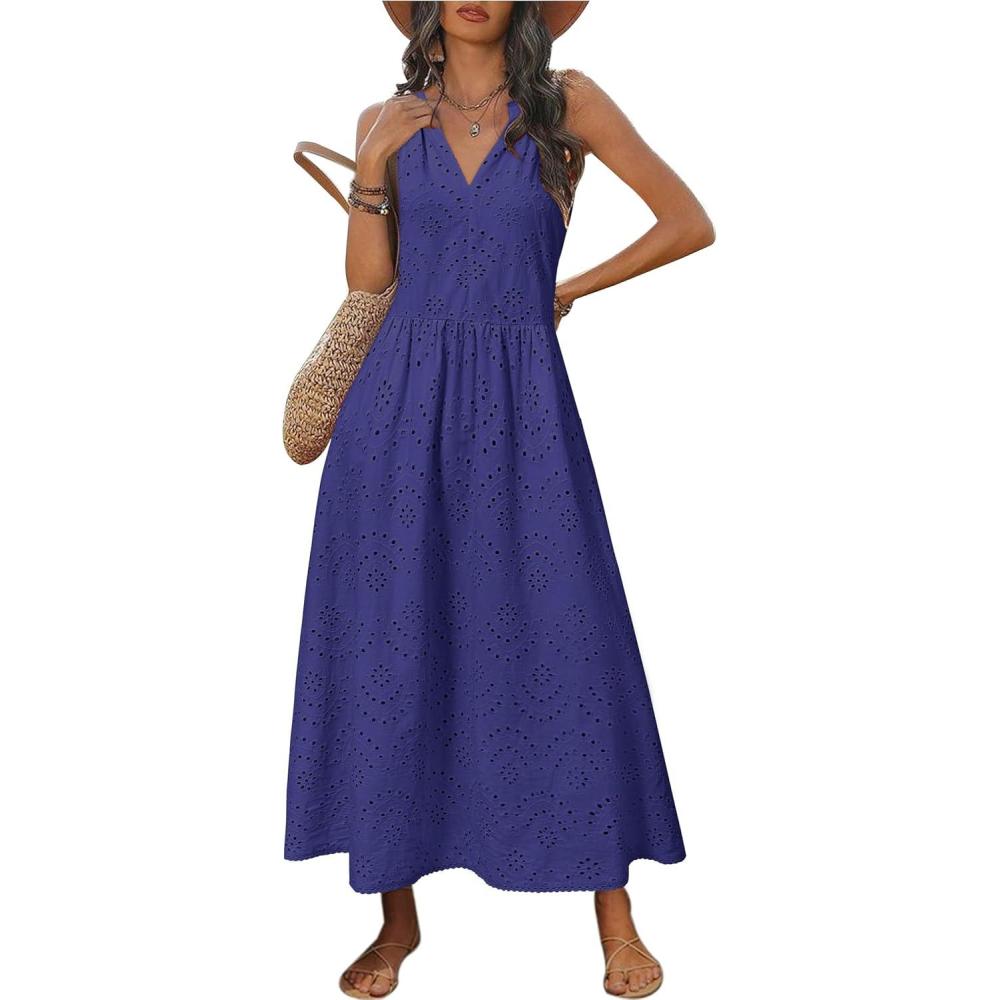 imageNewshows Womens 2025 Summer Maxi Dresses Halter V Neck Eyelet Hollow Out Long Flowy Beach Vacation Boho Dress with PocketsDark Blue