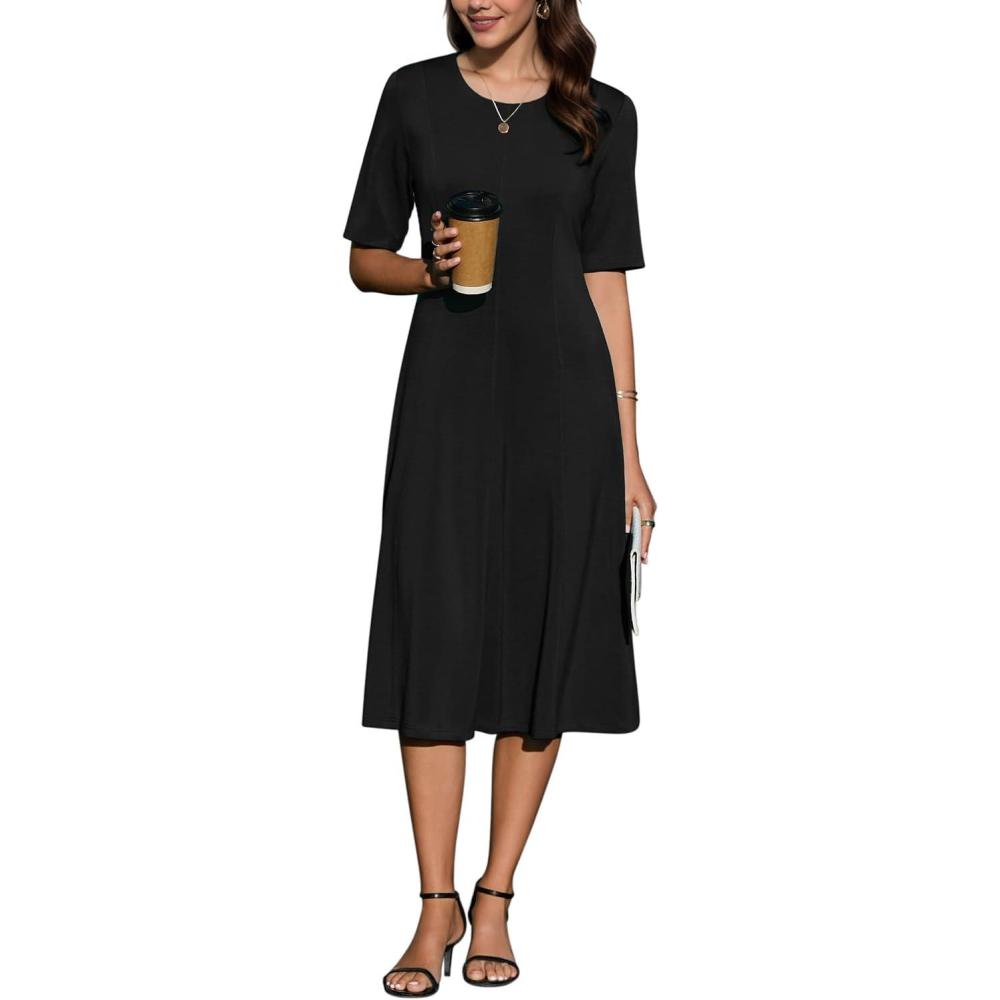 imageNewshows Womens 2025 Summer Teacher Work Modest Dresses Ultra Soft Short Sleeve Midi Old Money Clothes Business Casual DressCharcoalblack