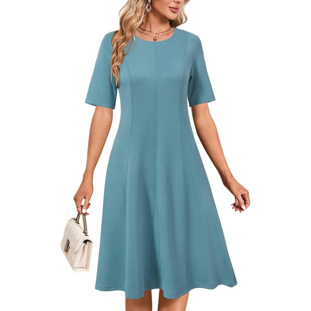 imageNewshows Womens 2025 Summer Teacher Work Modest Dresses Ultra Soft Short Sleeve Midi Old Money Clothes Business Casual DressGray Blue
