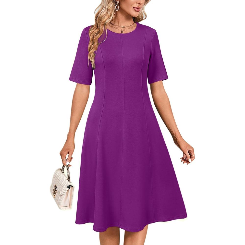 imageNewshows Womens 2025 Summer Teacher Work Modest Dresses Ultra Soft Short Sleeve Midi Old Money Clothes Business Casual DressPurple