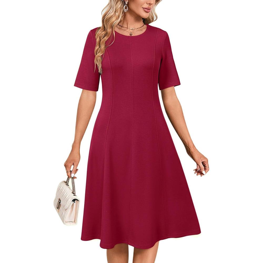 imageNewshows Womens 2025 Summer Teacher Work Modest Dresses Ultra Soft Short Sleeve Midi Old Money Clothes Business Casual DressWine Red