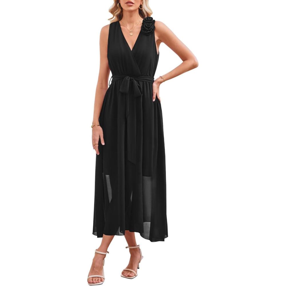 imageNewshows Womens 2025 Summer Wedding Guest Bridesmaid V Neck Sleeveless Long Formal Evening Party Maxi DressBlack