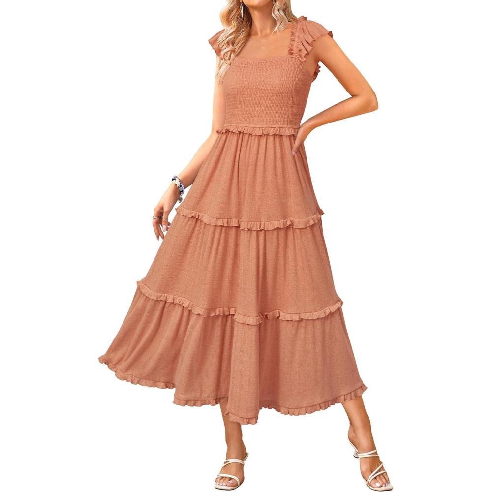 imageNewshows Womens 2025 Summer Wedding Guest Dress Ruffle Sleeve Smocked Square Neck Long Flowy Tiered Maxi SundressCaramel