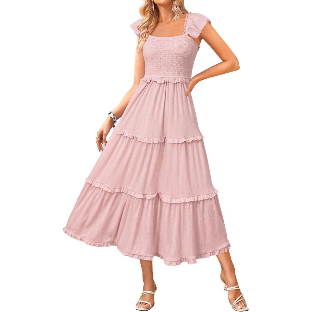 imageNewshows Womens 2025 Summer Wedding Guest Dress Ruffle Sleeve Smocked Square Neck Long Flowy Tiered Maxi SundressPink