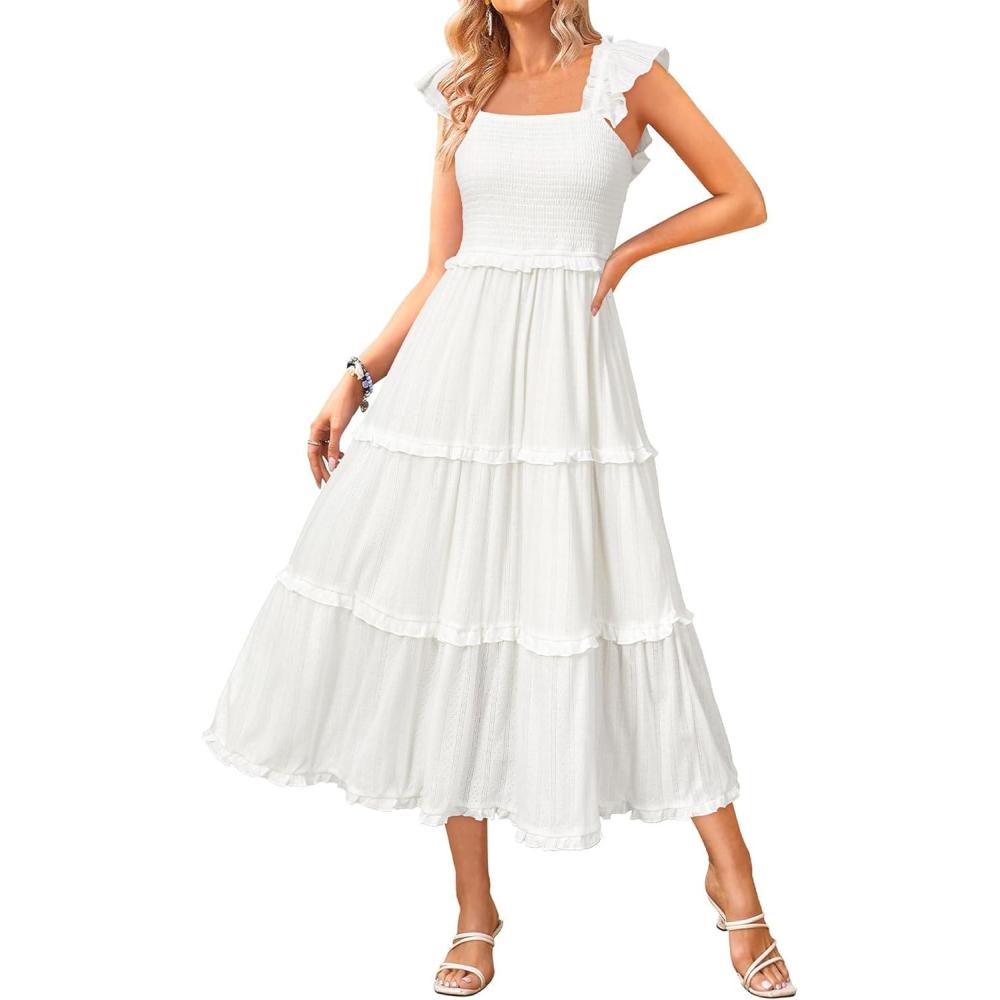 imageNewshows Womens 2025 Summer Wedding Guest Dress Ruffle Sleeve Smocked Square Neck Long Flowy Tiered Maxi SundressWhite