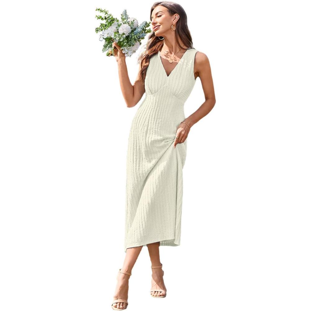 imageNewshows Womens 2025 Summer Wedding Guest V Neck Sleeveless Long Maxi A Line Empire Waist Elegant Formal Texture DressBeige