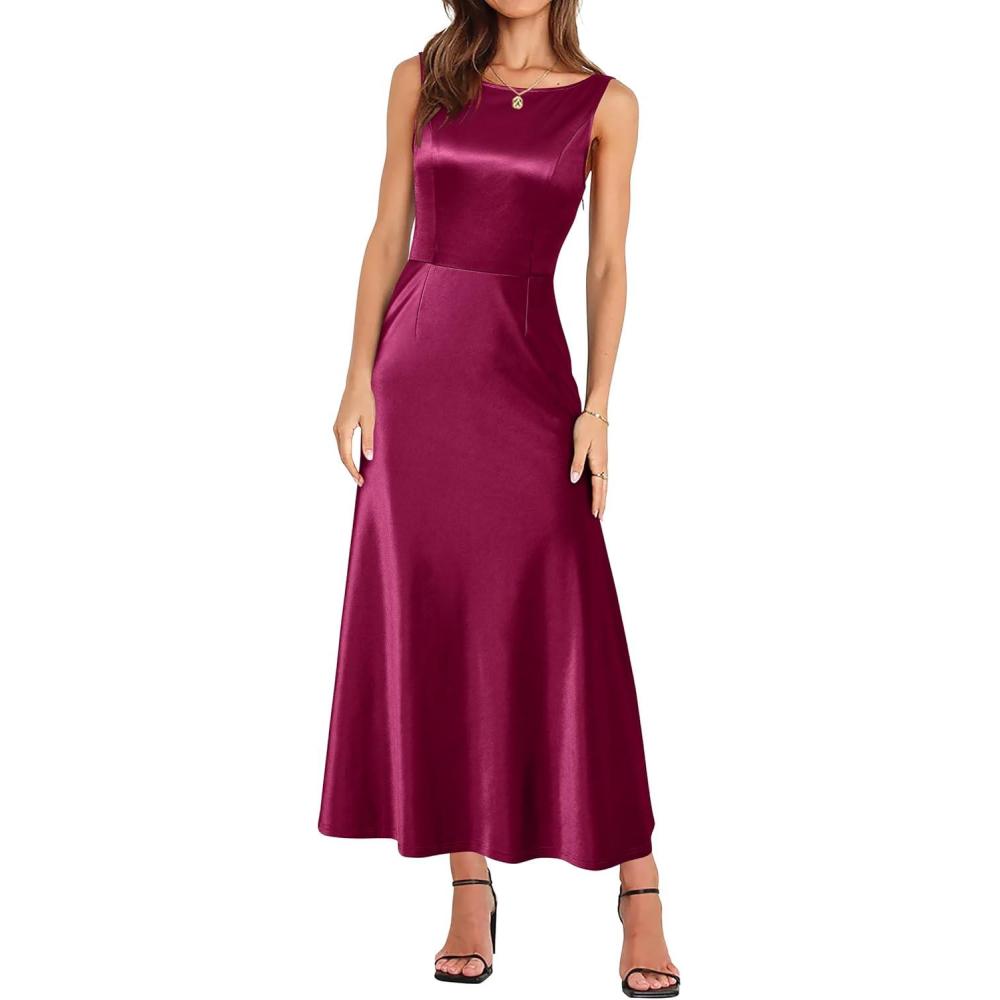 imageNewshows Womens 2025 Wedding Guest Bridesmaid Sleeveless Back V Neck Cocktail Party Formal Evening Gowns Long Maxi DressWine