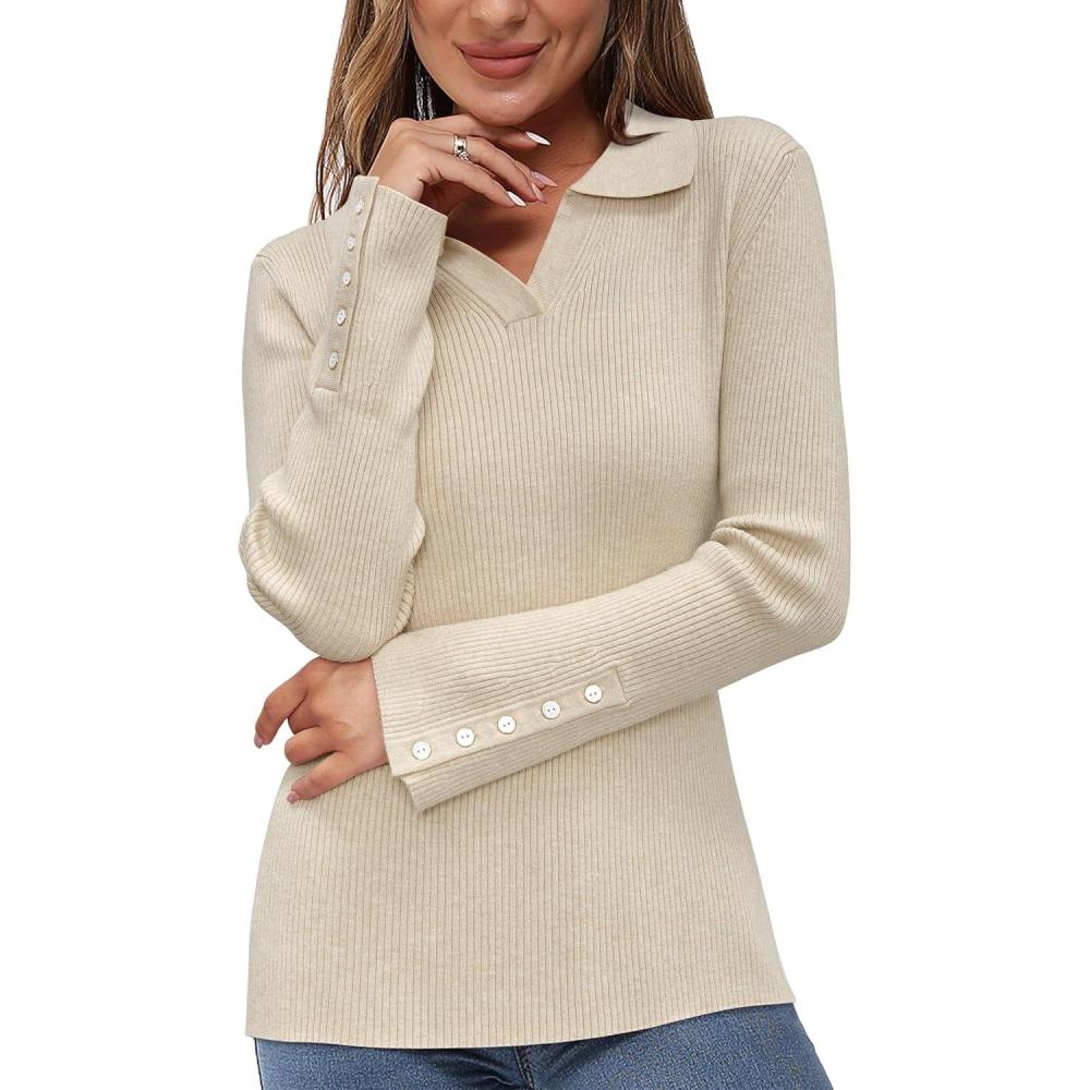 imageNewshows Womens Fall Fashion Sweater 2024 Business Tops Long Sleeve Clothes Casual Outfits Dressy Shirt Knit Pullover BlouseApricot