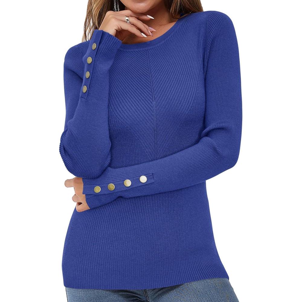 imageNewshows Womens Fall Fashion Sweater 2025 Long Sleeve Crew Neck Button Stretch Business Casual Work TopsBlue A21