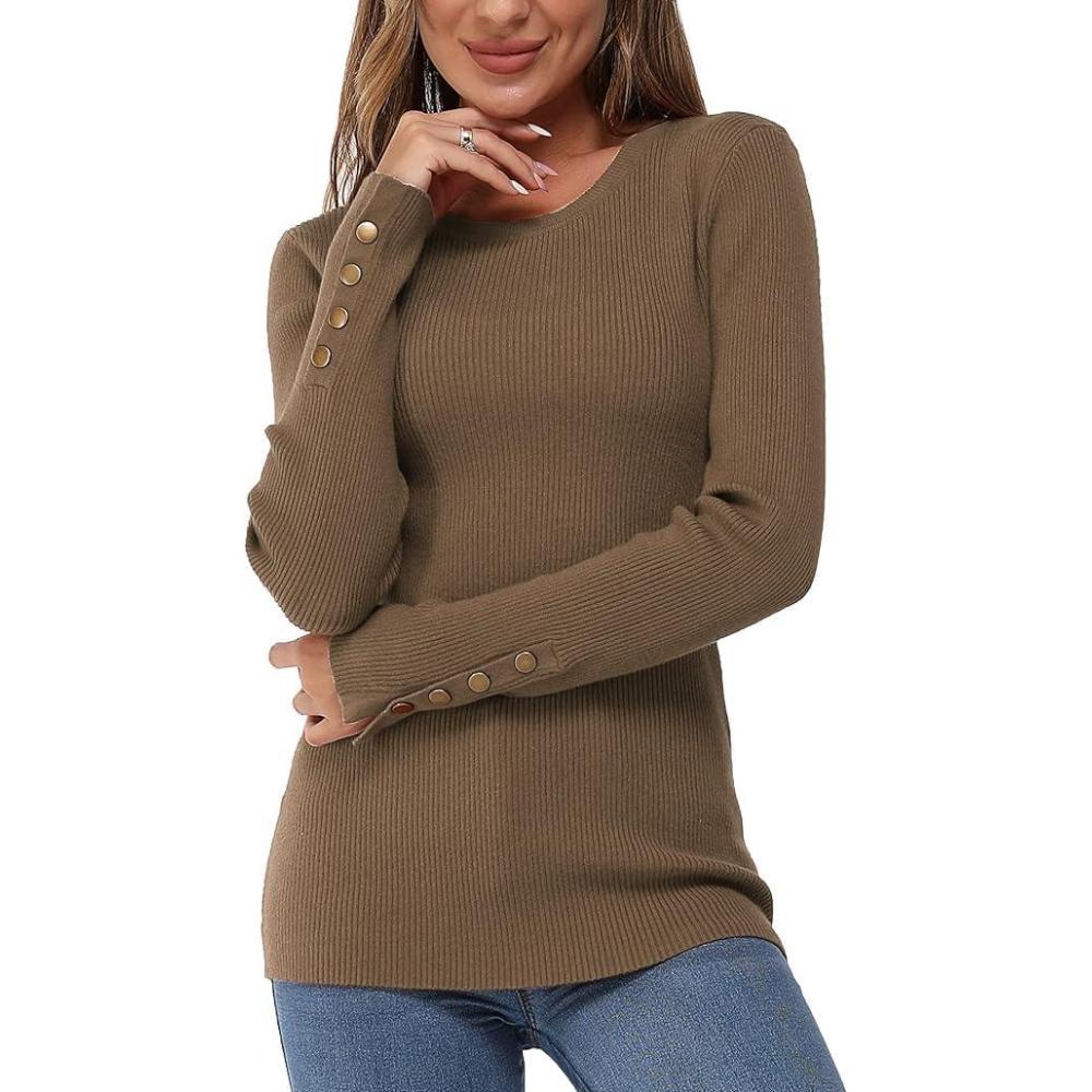 imageNewshows Womens Fall Fashion Sweater 2025 Long Sleeve Crew Neck Button Stretch Business Casual Work TopsCoffee