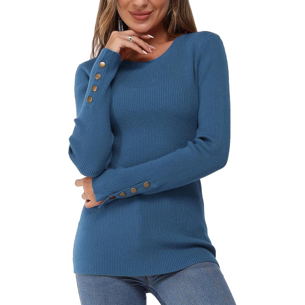 imageNewshows Womens Fall Fashion Sweater 2025 Long Sleeve Crew Neck Button Stretch Business Casual Work TopsDark Blue