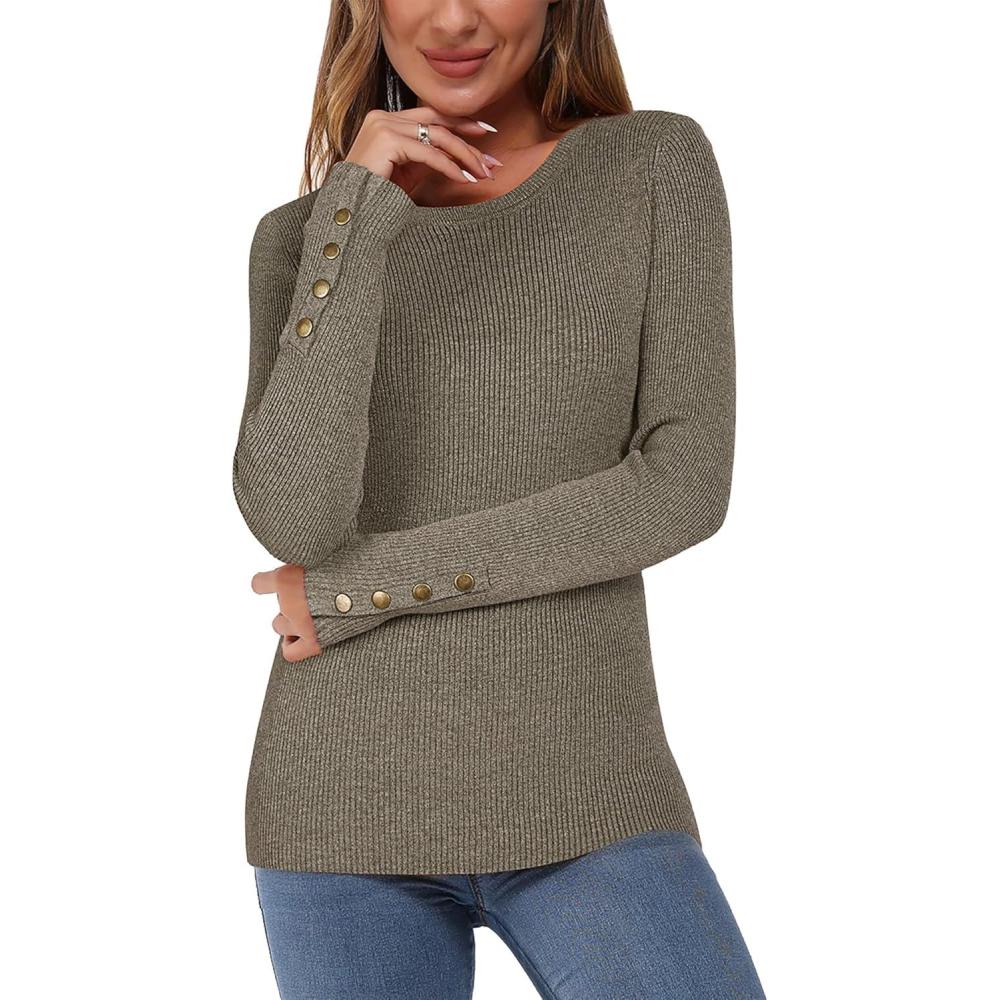 imageNewshows Womens Fall Fashion Sweater 2025 Long Sleeve Crew Neck Button Stretch Business Casual Work TopsDark Gray