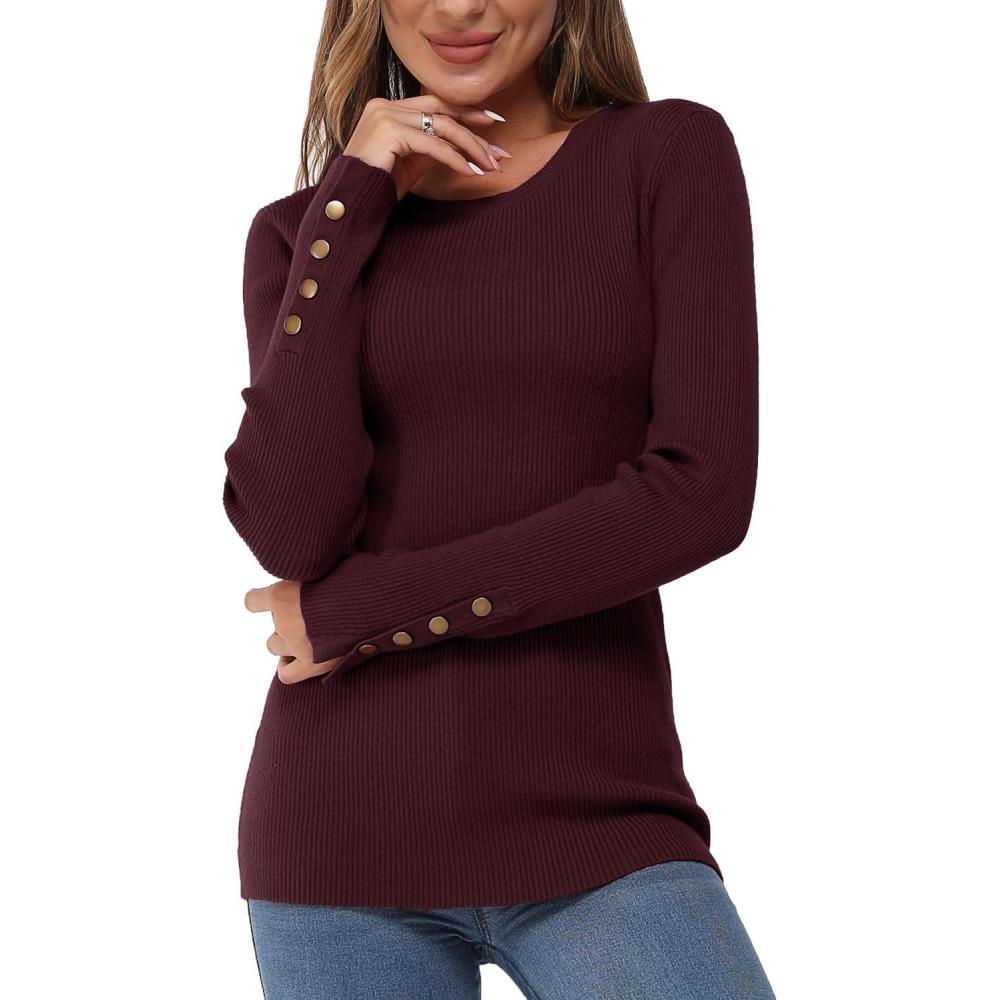 imageNewshows Womens Fall Fashion Sweater 2025 Long Sleeve Crew Neck Button Stretch Business Casual Work TopsDark Purplish Red