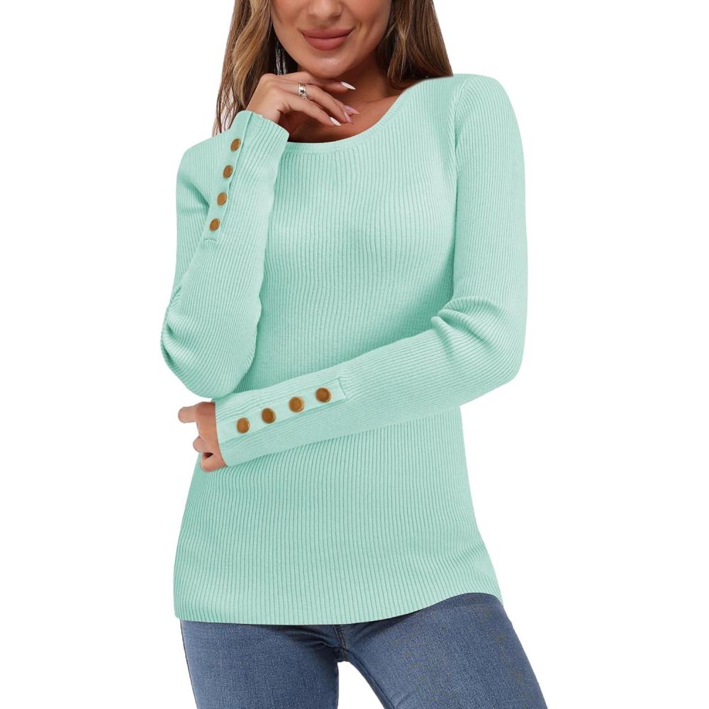 imageNewshows Womens Fall Fashion Sweater 2025 Long Sleeve Crew Neck Button Stretch Business Casual Work TopsLight Blue