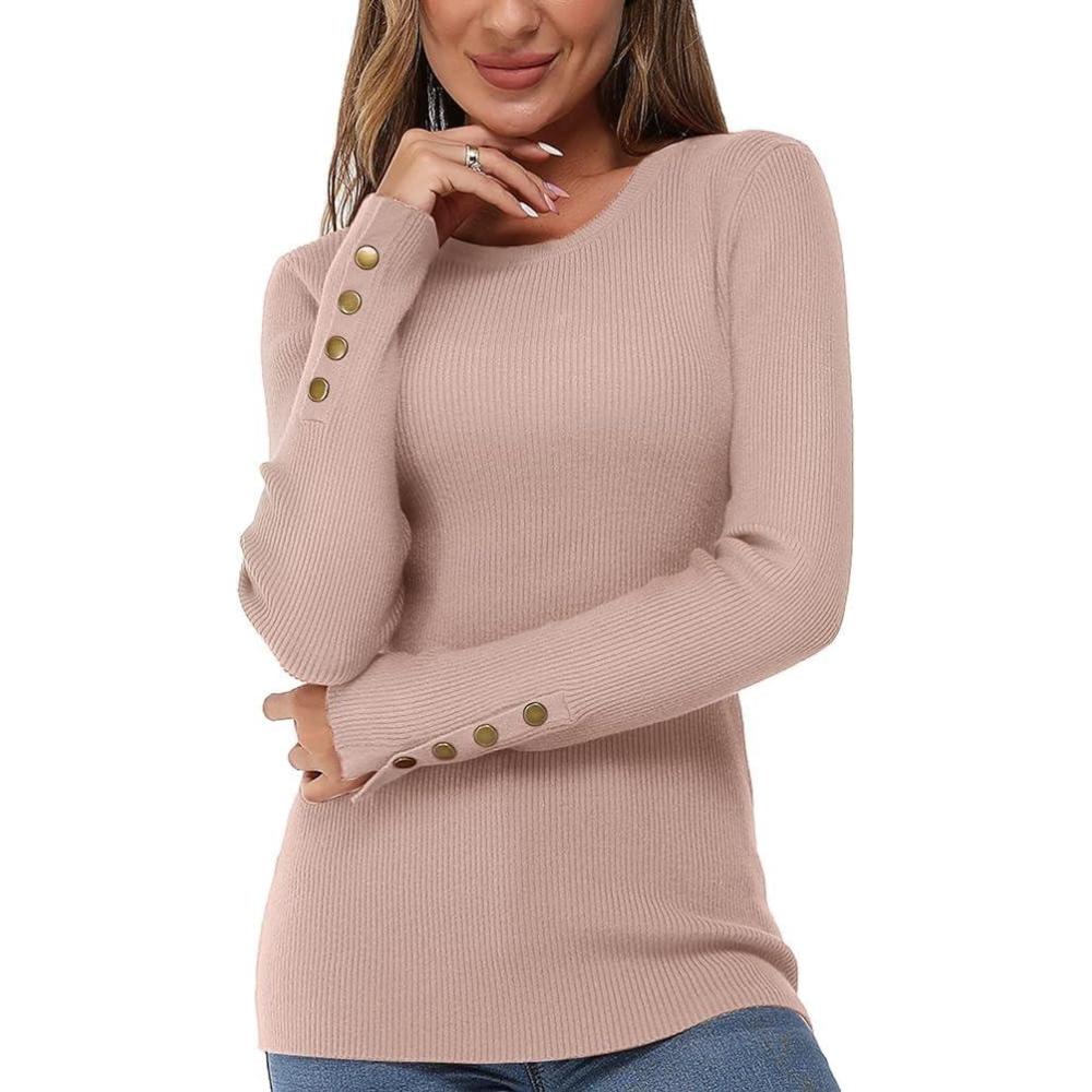 imageNewshows Womens Fall Fashion Sweater 2025 Long Sleeve Crew Neck Button Stretch Business Casual Work TopsPink