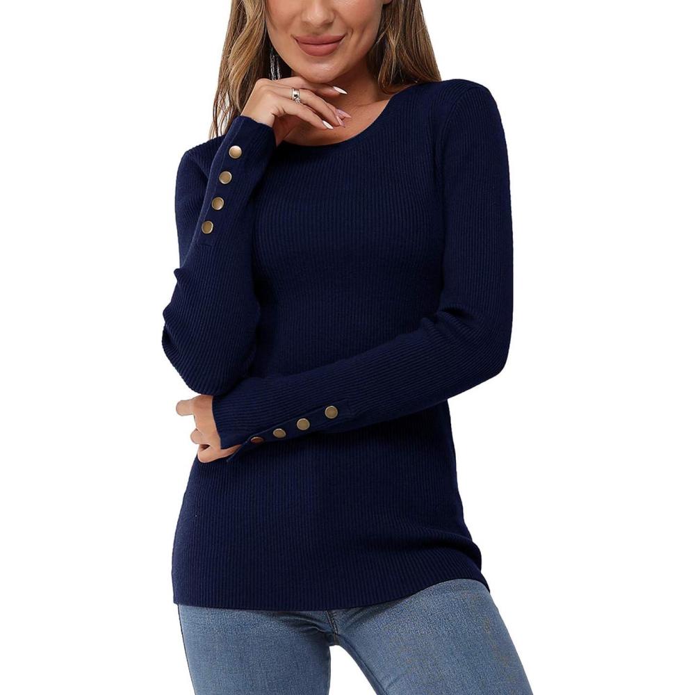 imageNewshows Womens Fall Fashion Sweater 2025 Long Sleeve Crew Neck Button Stretch Business Casual Work TopsSapphire