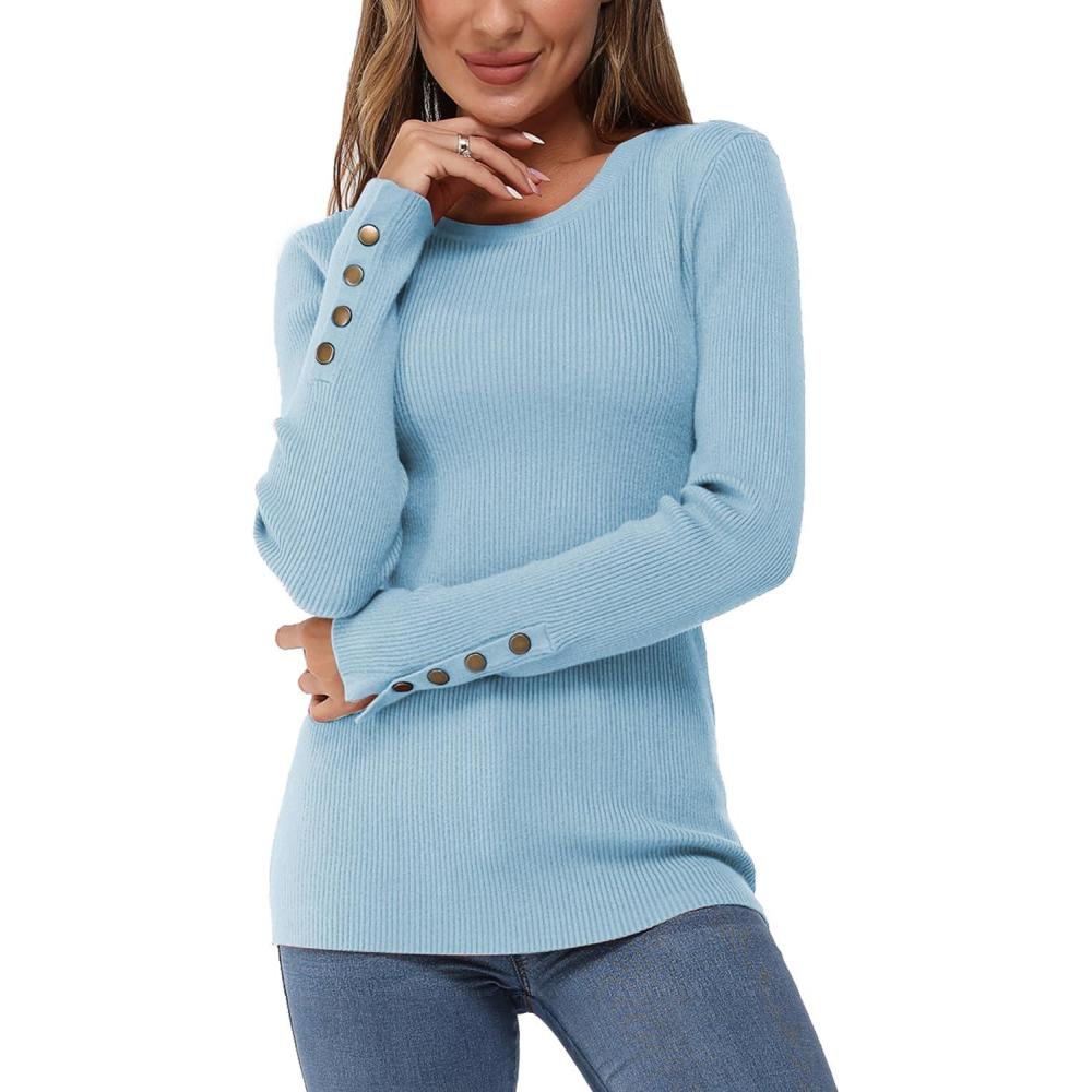 imageNewshows Womens Fall Fashion Sweater 2025 Long Sleeve Crew Neck Button Stretch Business Casual Work TopsSky Blue