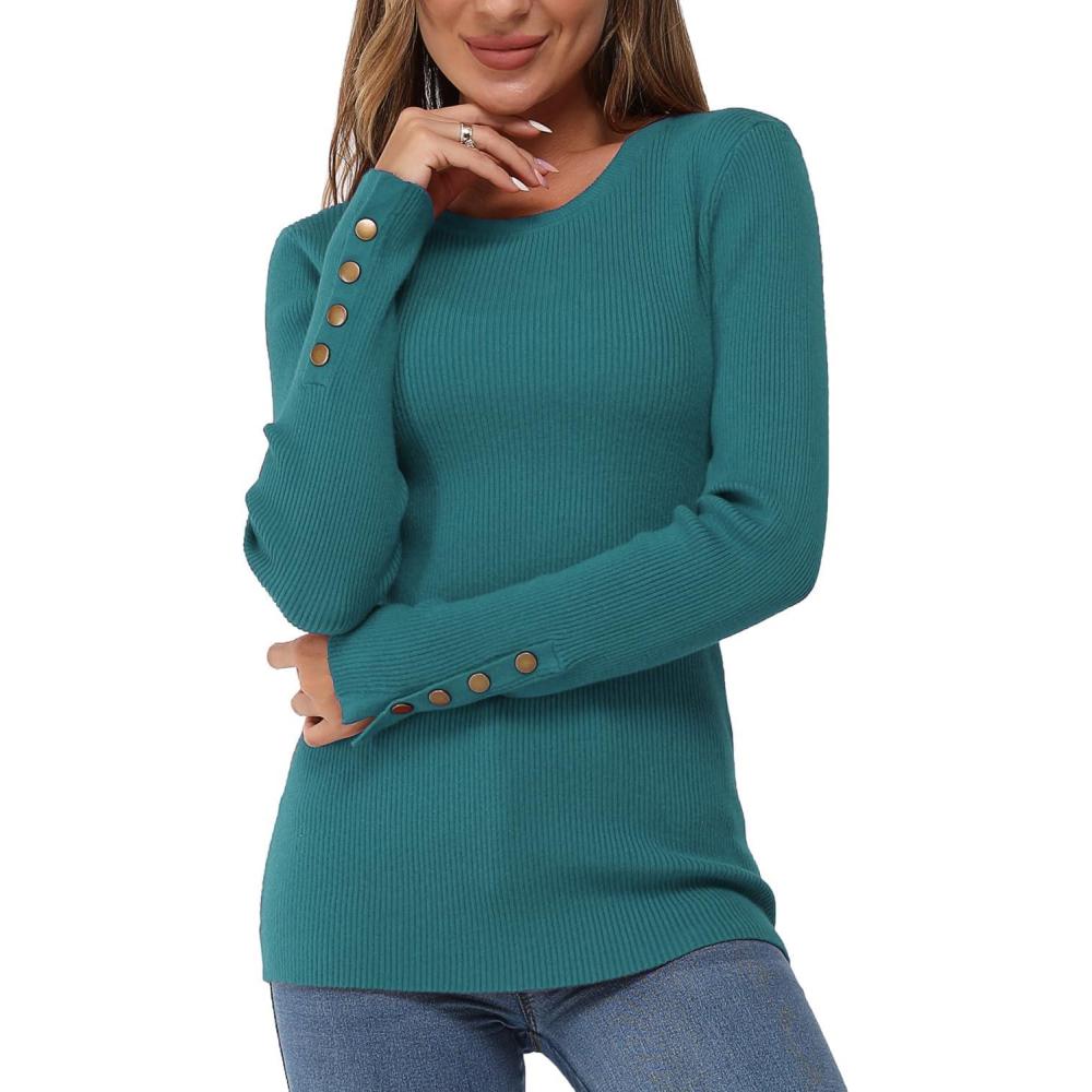 imageNewshows Womens Fall Fashion Sweater 2025 Long Sleeve Crew Neck Button Stretch Business Casual Work TopsTeal Blue