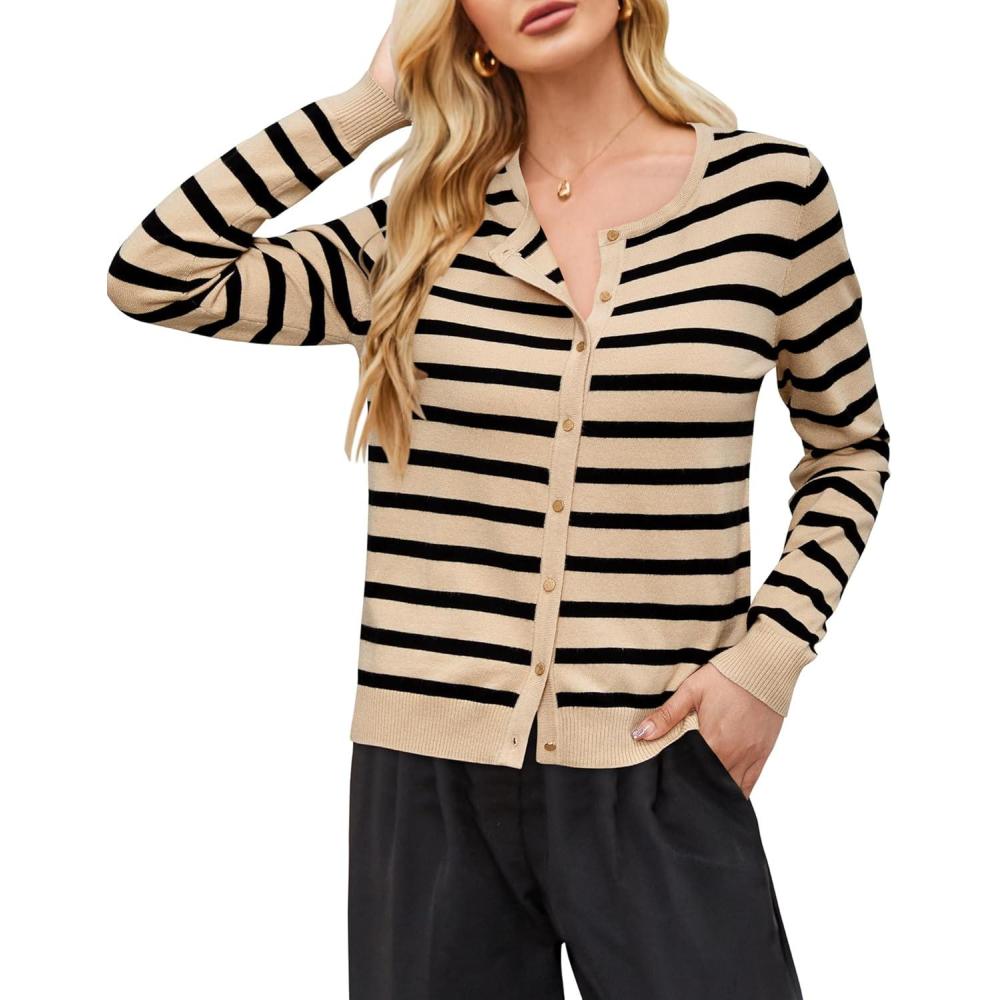 imageNewshows Womens Lightweight Button Down Cardigan Long Sleeve Casual Crew Neck Soft Knit Cardigans Sweater TopsApricot Black