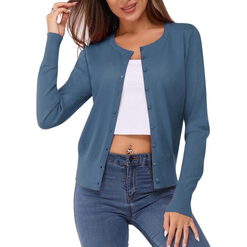 imageNewshows Womens Lightweight Button Down Cardigan Long Sleeve Casual Crew Neck Soft Knit Cardigans Sweater TopsBlue01