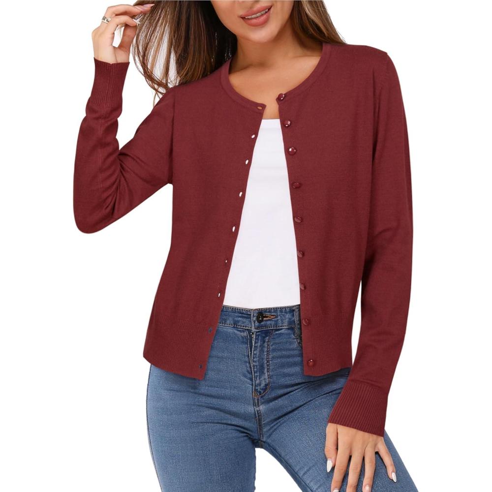 imageNewshows Womens Lightweight Button Down Cardigan Long Sleeve Casual Crew Neck Soft Knit Cardigans Sweater TopsDark Brown