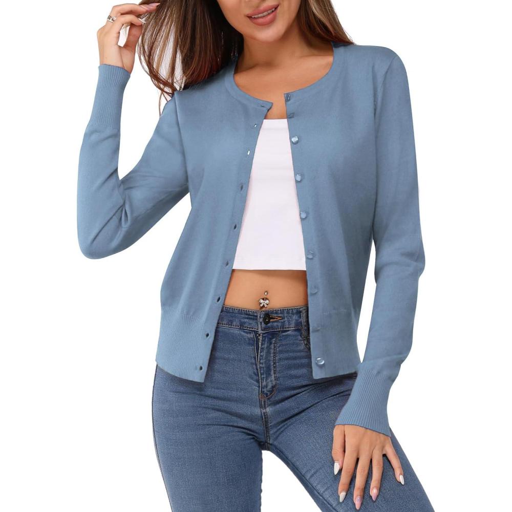 imageNewshows Womens Lightweight Button Down Cardigan Long Sleeve Casual Crew Neck Soft Knit Cardigans Sweater TopsGray Blue 02