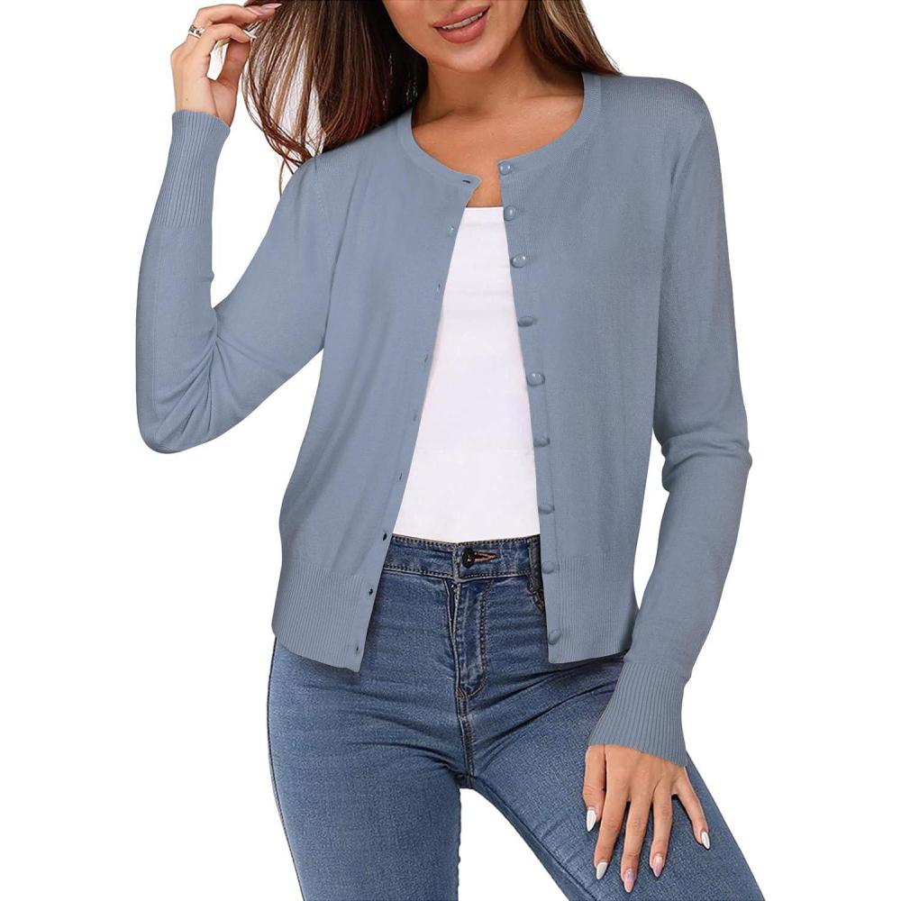 imageNewshows Womens Lightweight Button Down Cardigan Long Sleeve Casual Crew Neck Soft Knit Cardigans Sweater TopsGray Blue