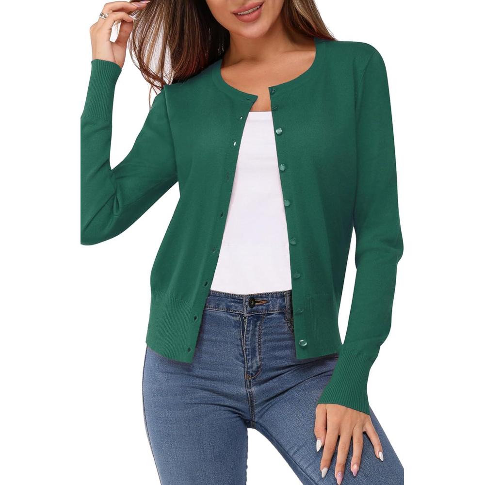 imageNewshows Womens Lightweight Button Down Cardigan Long Sleeve Casual Crew Neck Soft Knit Cardigans Sweater TopsGreen