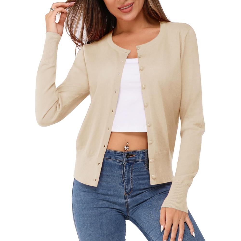imageNewshows Womens Lightweight Button Down Cardigan Long Sleeve Casual Crew Neck Soft Knit Cardigans Sweater TopsLight Apricot