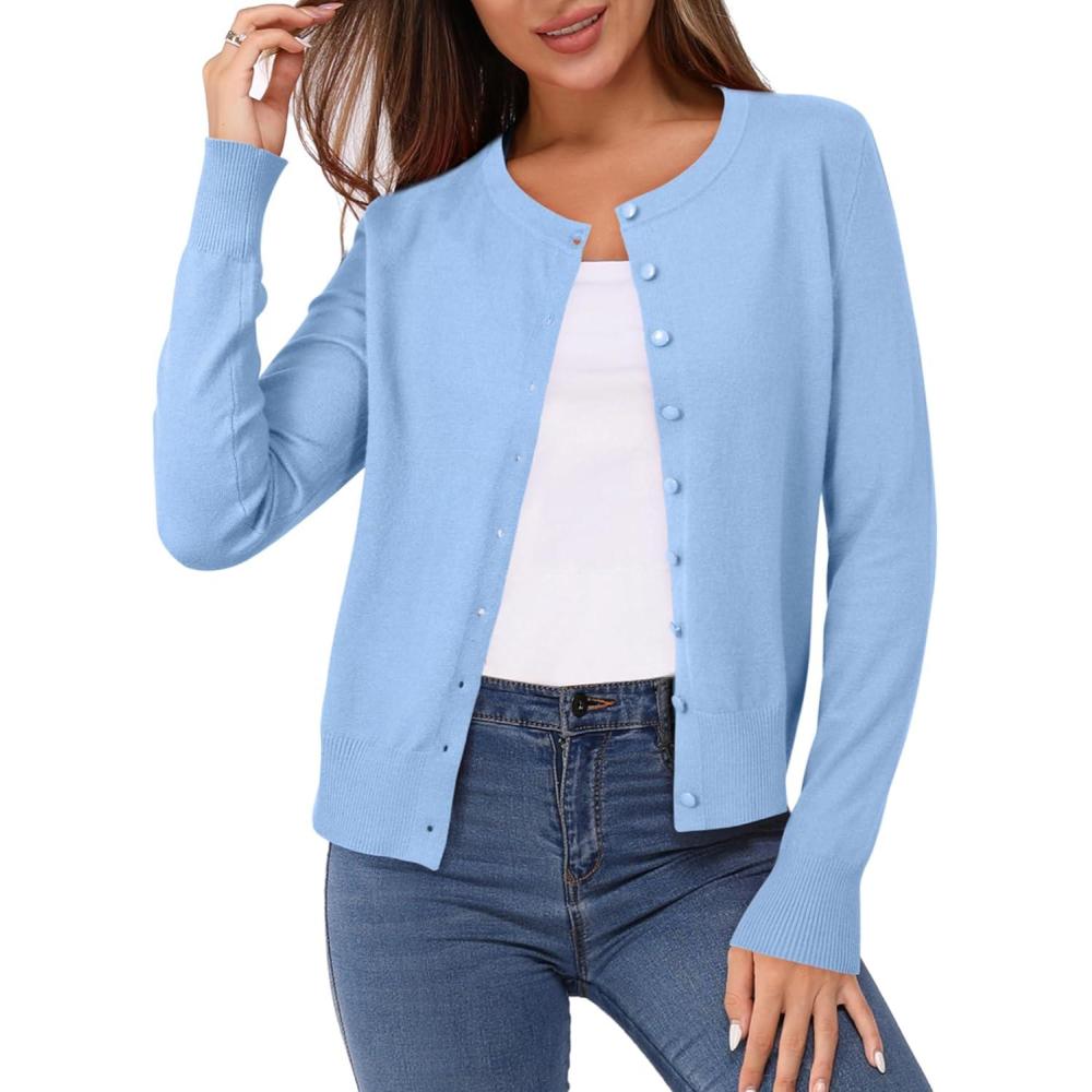 imageNewshows Womens Lightweight Button Down Cardigan Long Sleeve Casual Crew Neck Soft Knit Cardigans Sweater TopsLight Blue
