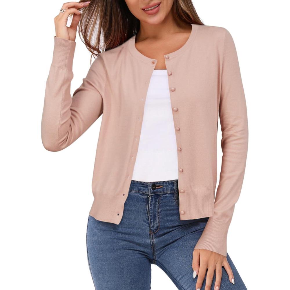 imageNewshows Womens Lightweight Button Down Cardigan Long Sleeve Casual Crew Neck Soft Knit Cardigans Sweater TopsPale Pink