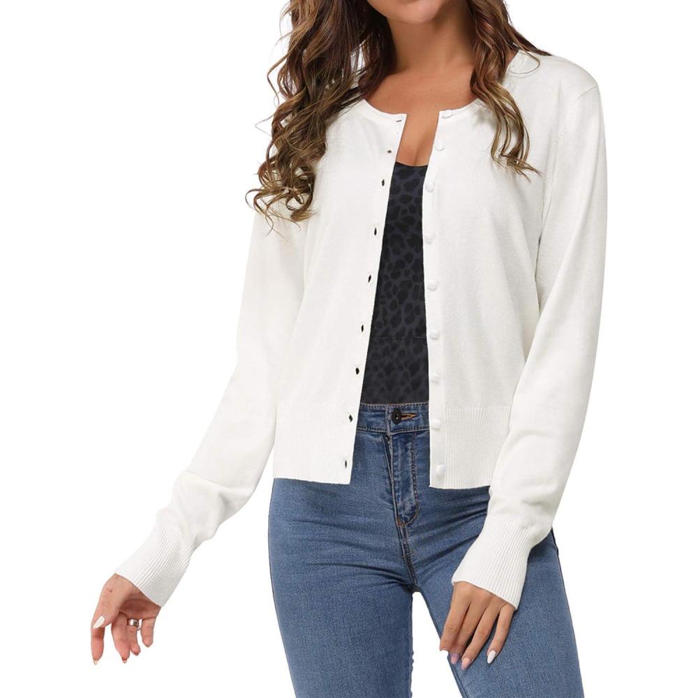 imageNewshows Womens Lightweight Button Down Cardigan Long Sleeve Casual Crew Neck Soft Knit Cardigans Sweater TopsWhite