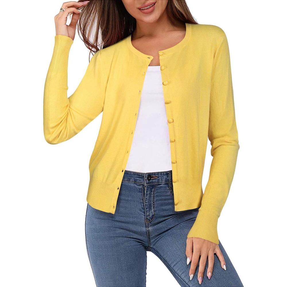 imageNewshows Womens Lightweight Button Down Cardigan Long Sleeve Casual Crew Neck Soft Knit Cardigans Sweater TopsYellow