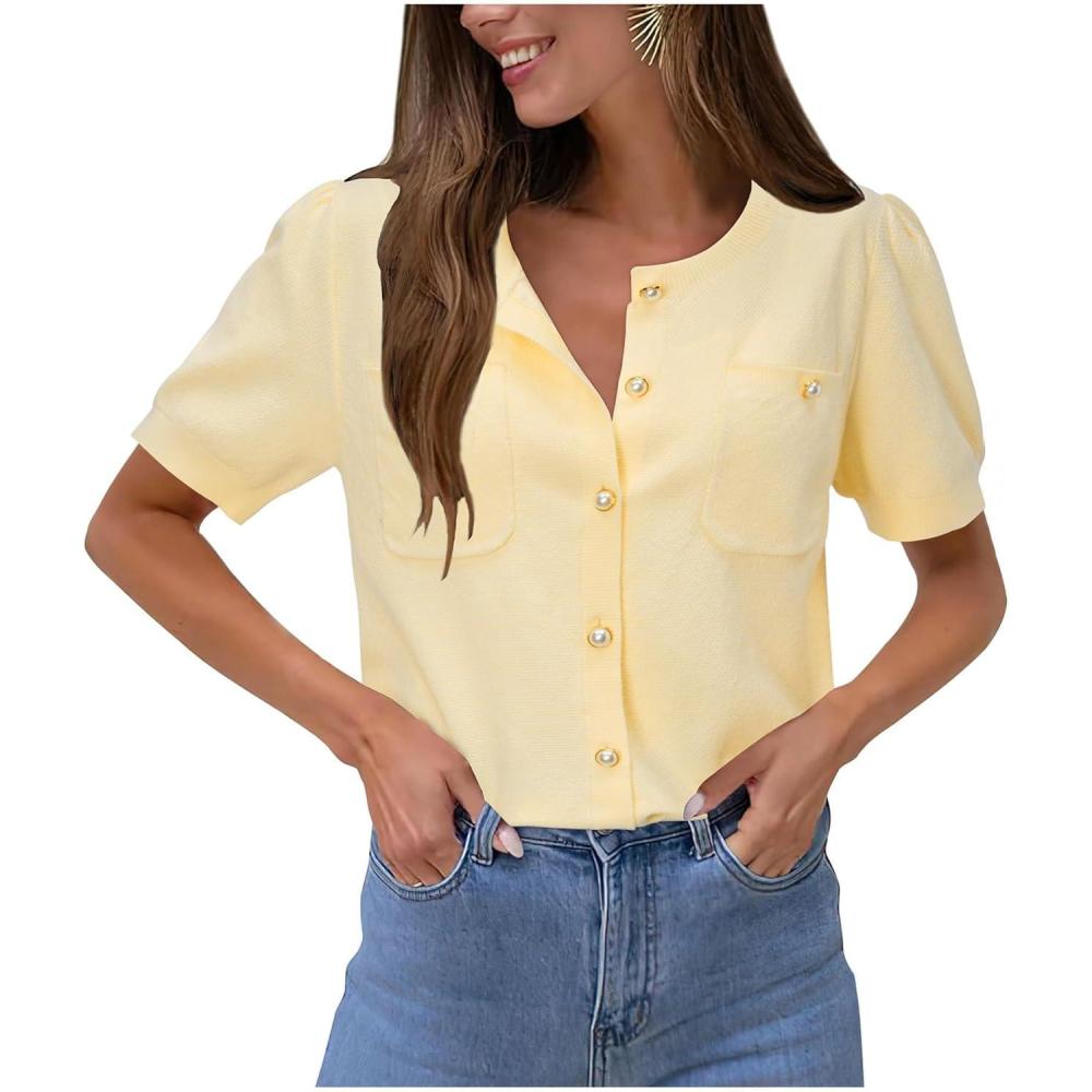 imageNewshows Womens Summer Cardigan Sweaters Lightweight Short Sleeve Button Down Shirts Ribbed Knit Blouse Tops 2024 TrendyApricot