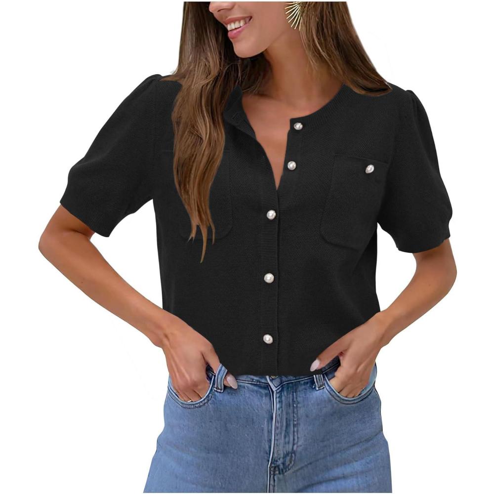 imageNewshows Womens Summer Cardigan Sweaters Lightweight Short Sleeve Button Down Shirts Ribbed Knit Blouse Tops 2024 TrendyBlack