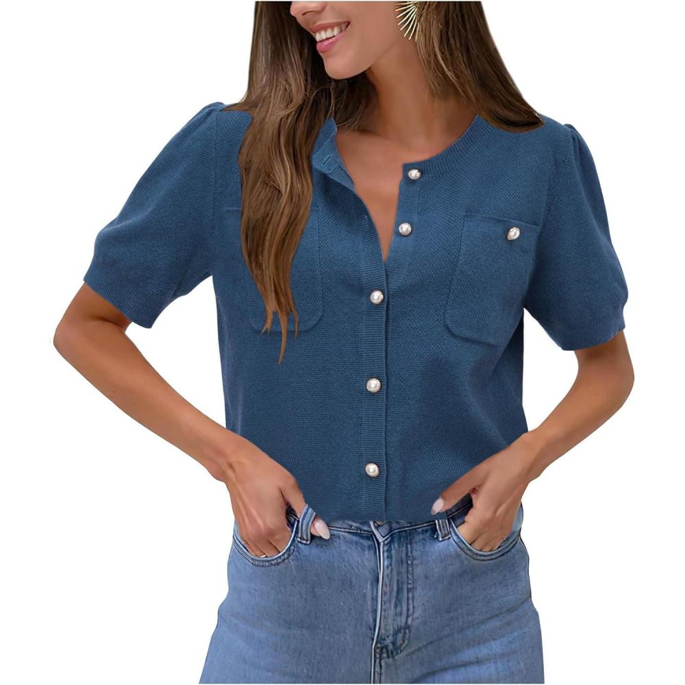 imageNewshows Womens Summer Cardigan Sweaters Lightweight Short Sleeve Button Down Shirts Ribbed Knit Blouse Tops 2024 TrendyBlue