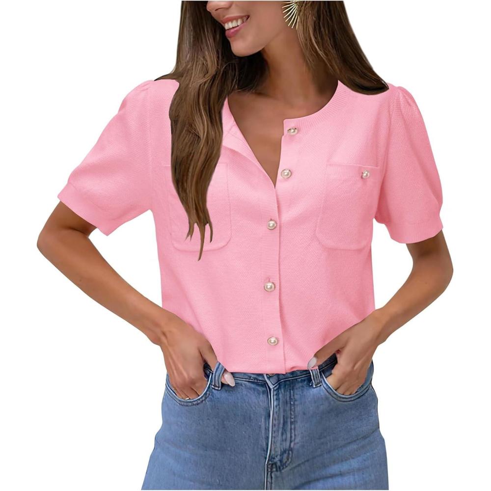 imageNewshows Womens Summer Cardigan Sweaters Lightweight Short Sleeve Button Down Shirts Ribbed Knit Blouse Tops 2024 TrendyPink