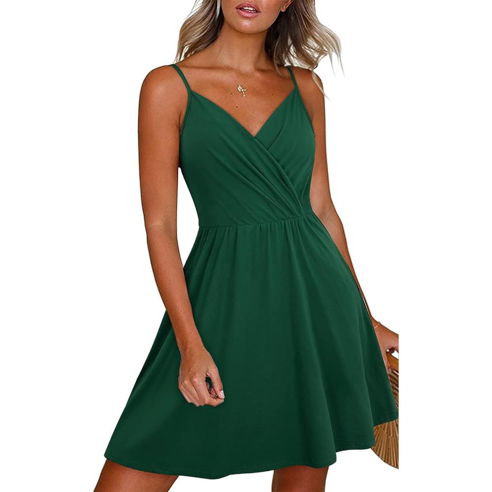 imageNewshows Womens Summer Dress 2025 Spaghetti Strap Sleeveless V Neck Casual Swing Sundress with PocketsDark Green