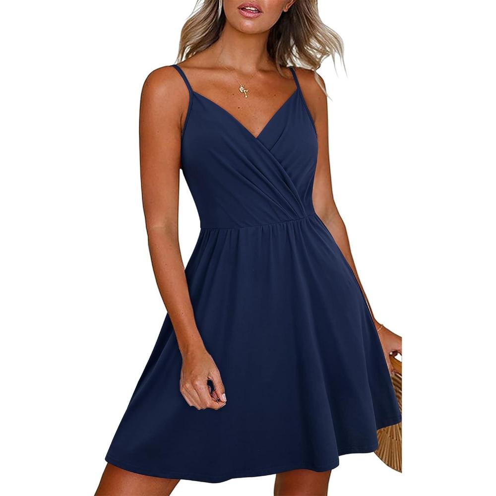 imageNewshows Womens Summer Dress 2025 Spaghetti Strap Sleeveless V Neck Casual Swing Sundress with PocketsNavy Blue