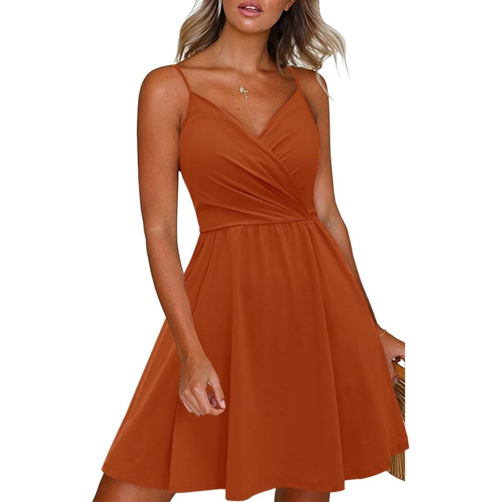 imageNewshows Womens Summer Dress 2025 Spaghetti Strap Sleeveless V Neck Casual Swing Sundress with PocketsOrange
