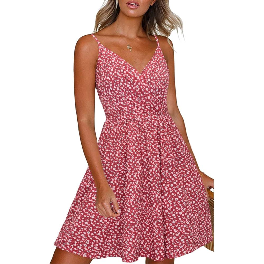 imageNewshows Womens Summer Dress 2025 Spaghetti Strap Sleeveless V Neck Casual Swing Sundress with PocketsRed Floral White