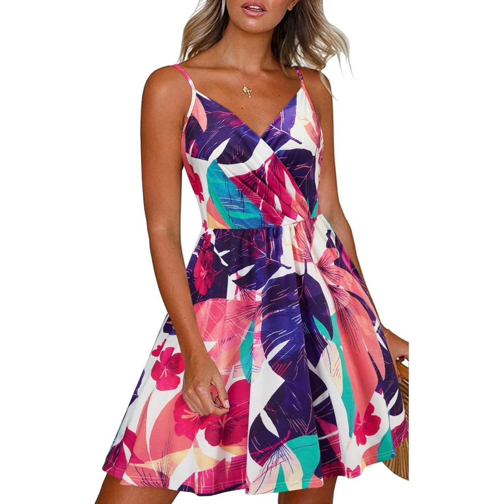 imageNewshows Womens Summer Dress 2025 Spaghetti Strap Sleeveless V Neck Casual Swing Sundress with PocketsRose Floral Purple