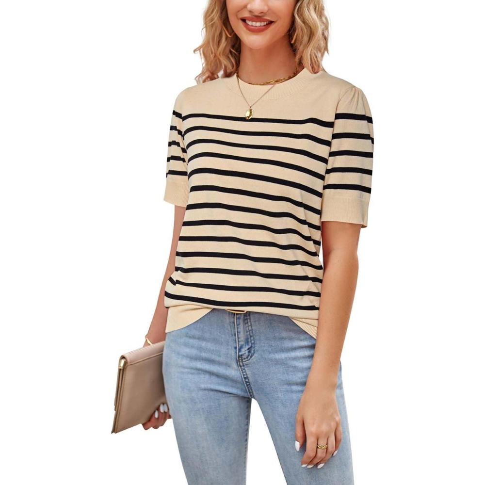 imageNewshows Womens Summer Short Sleeve Sweater Tops Fall Business Casual Outfits Crewneck Lightweight Dressy Knit ShirtsApricotBlack Stripe1